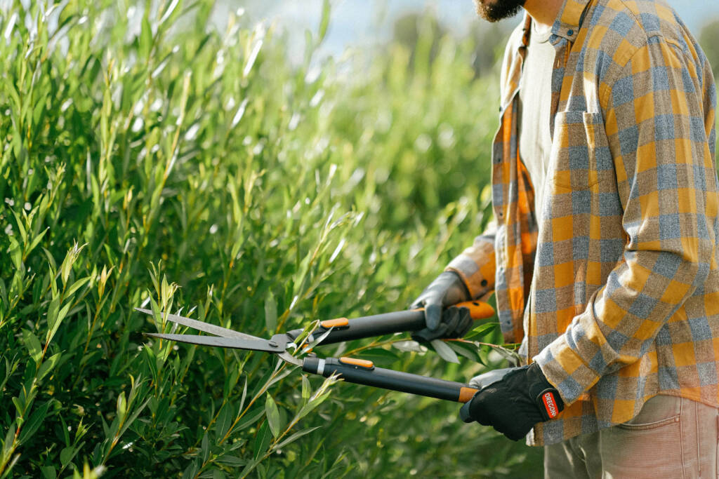 CrystalCrest Inc employee trimming bushes with precision garden shears.