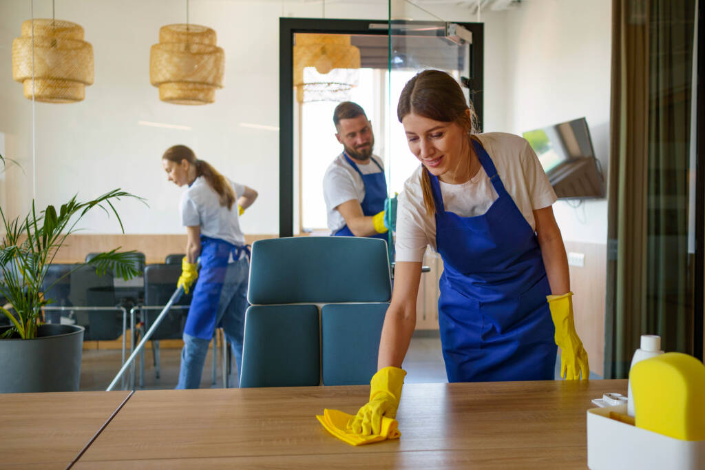 CrystalCrest Inc employee, a woman, diligently cleaning an office desk with a cloth.